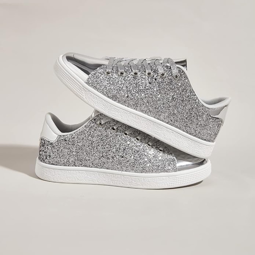 Glitter Shoes Sparkly Bling Shiny Bedazzled Lace up Fashion Sneakers for Women - Picture 4 of 4